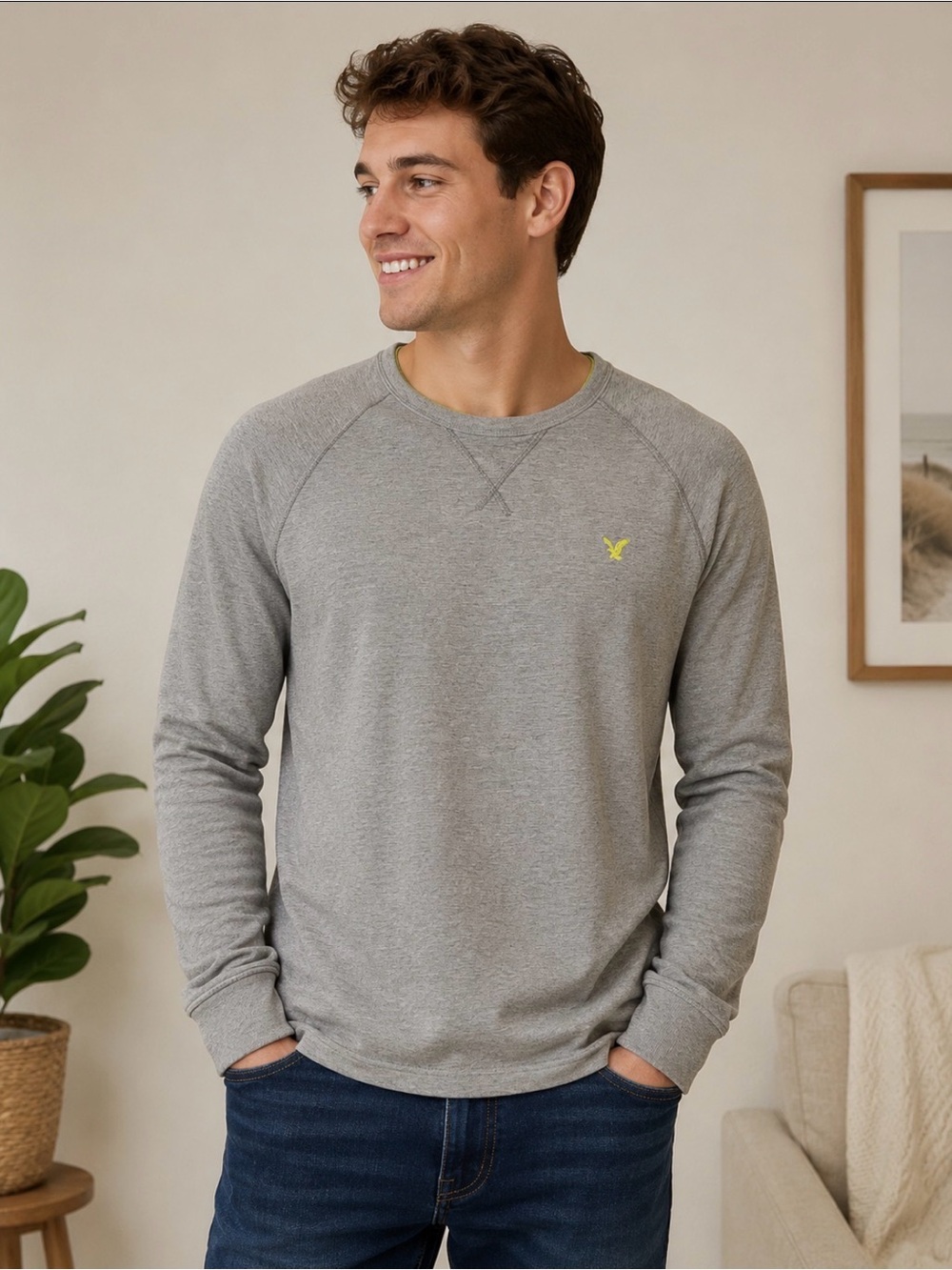 Men’s American Eagle Outfitters Gray Long Sleeve Sweatshirt with Lime Accent